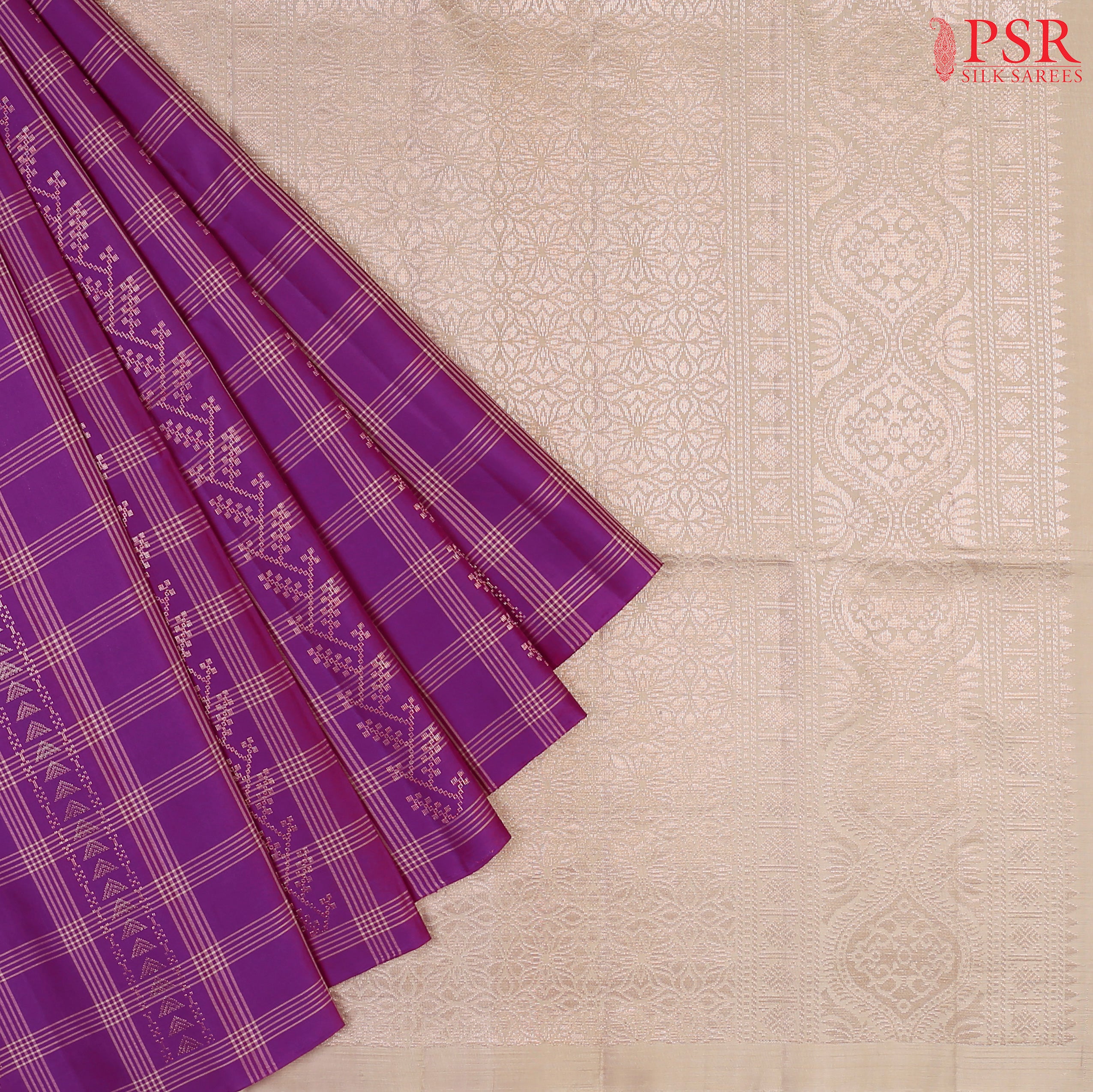Unveil Timeless Beauty with PSR Silks! Presenting a captivating Vadamalli Purple Soft Silk Saree, paired elegantly with a sophisticated Ecru Grey. 