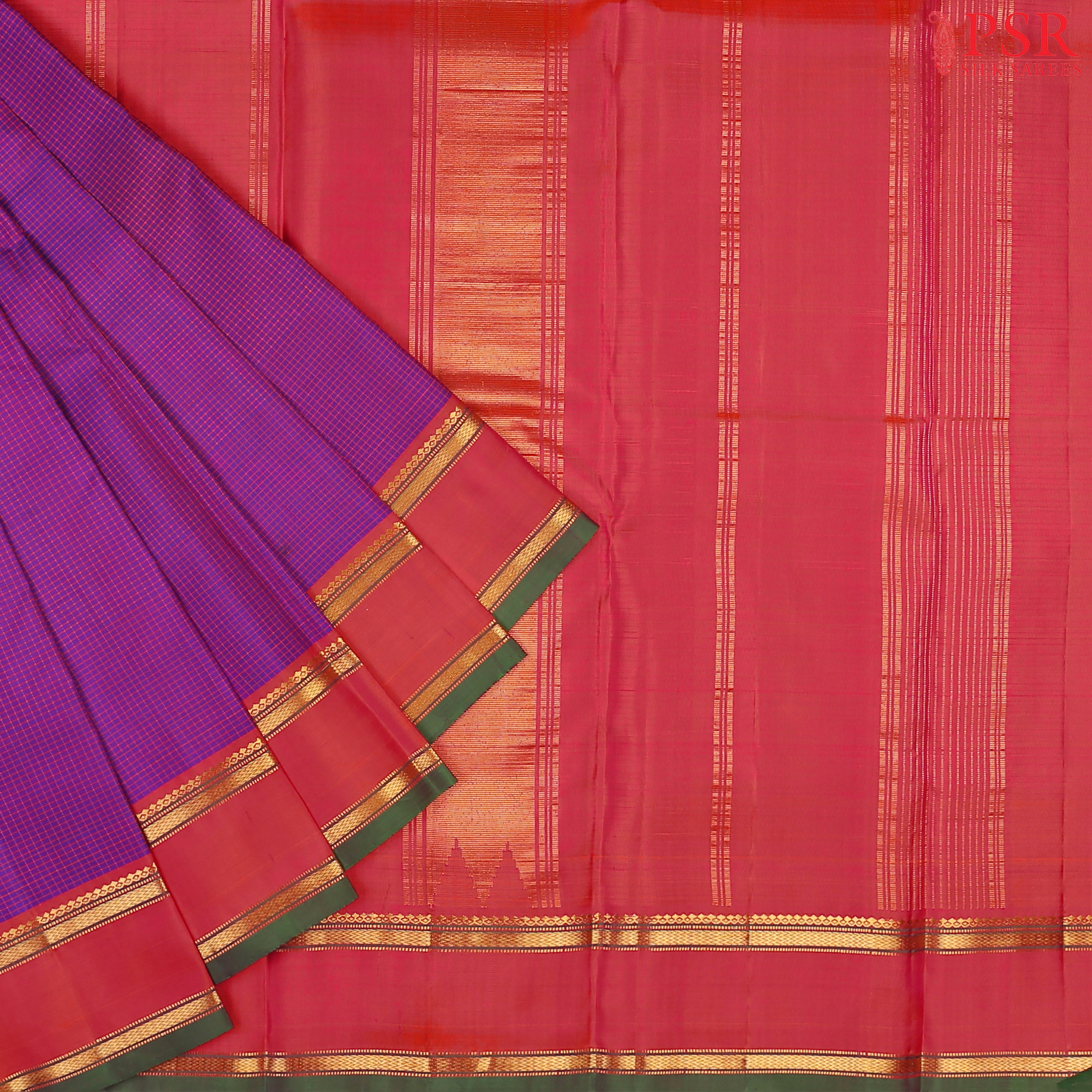 PSR Silks presents a Violet colored Arani Silk saree with combination of Spanish Crimson color.