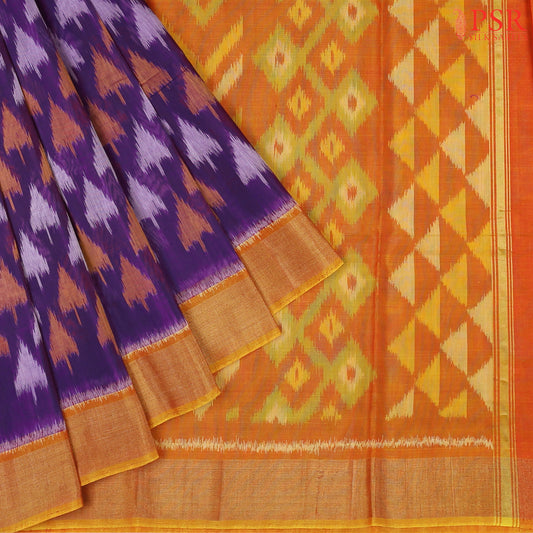 Violet Patola Pochampally Silk Cotton Saree featuring Ikkat patterns, a contrasting Mustard Yellow Pochampally motif pallu, tissue border, and a plain blouse.