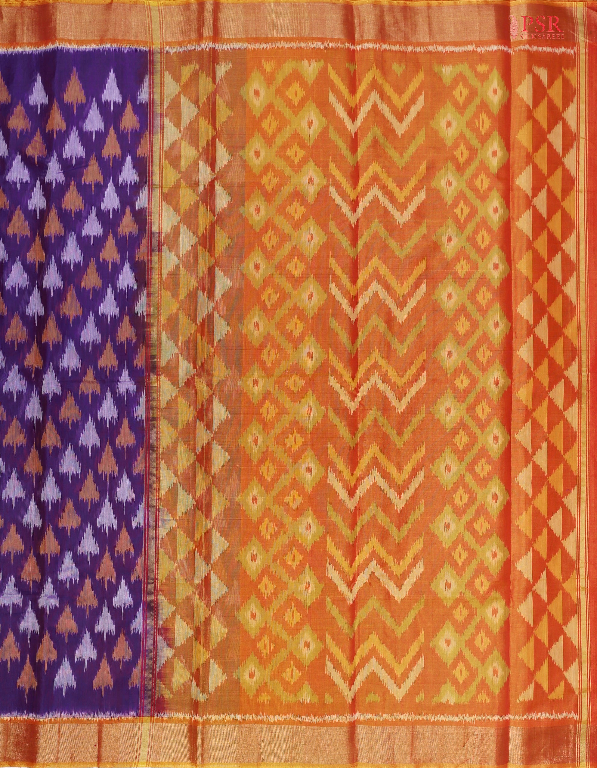 Violet Patola Pochampally Silk Cotton Saree featuring Ikkat patterns, a contrasting Mustard Yellow Pochampally motif pallu, tissue border, and a plain blouse.