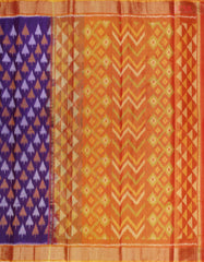 Violet Patola Pochampally Silk Cotton Saree featuring Ikkat patterns, a contrasting Mustard Yellow Pochampally motif pallu, tissue border, and a plain blouse.