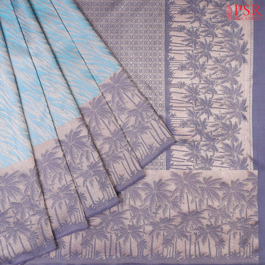 Vivid Sky Blue Kanchipuram Silk Saree with designer lightning-style pattern