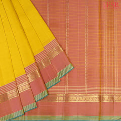 PSR Silks presents a Yellow colored Arani Silk saree with combination of Coral Pink color.
