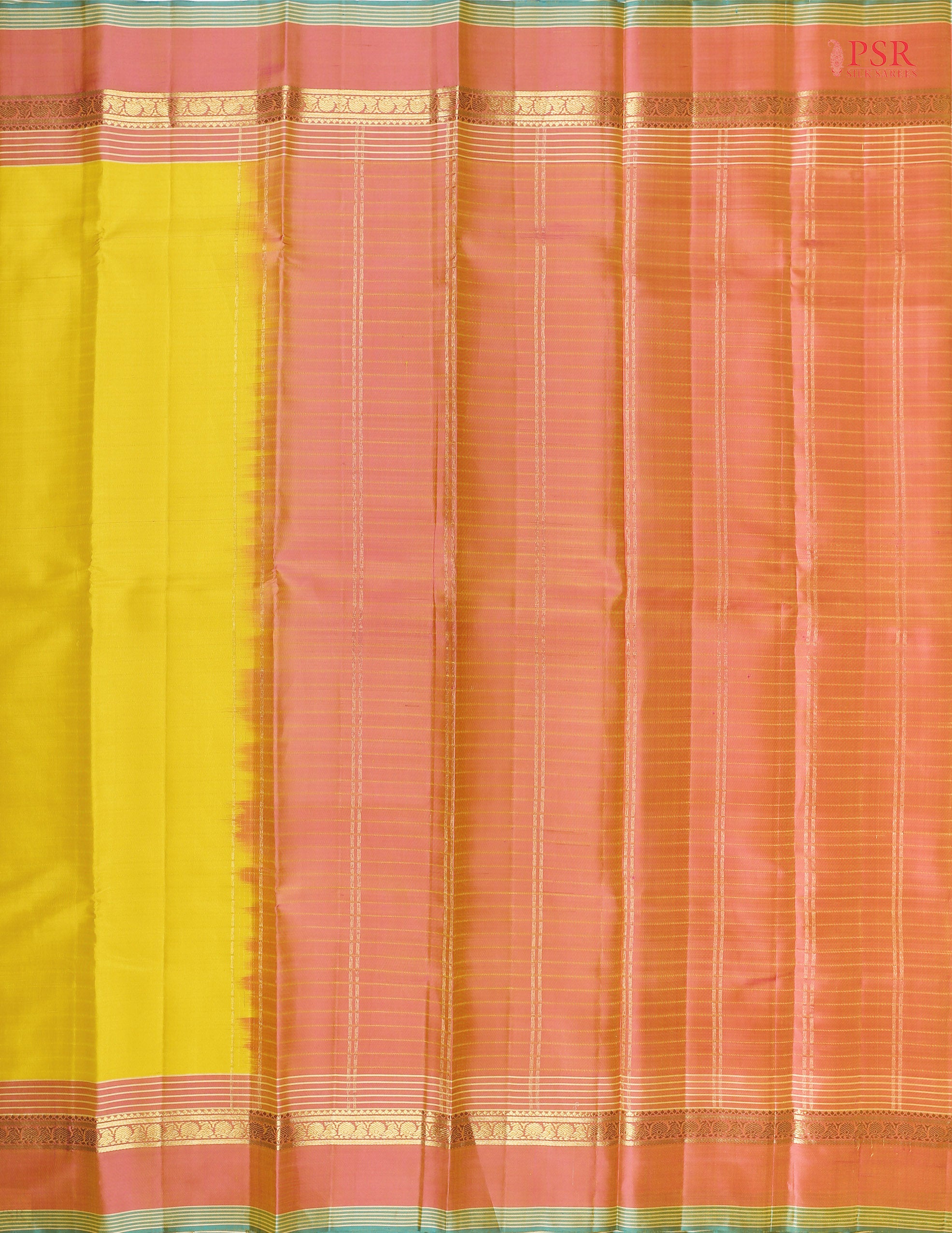 PSR Silks presents a Yellow colored Arani Silk saree with combination of Coral Pink color.