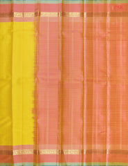 PSR Silks presents a Yellow colored Arani Silk saree with combination of Coral Pink color.