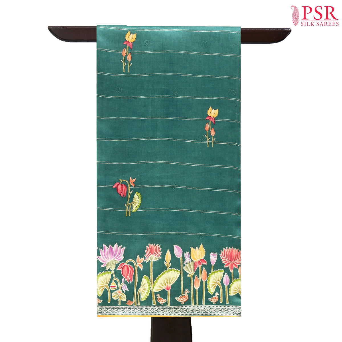 psr silks georgette saree strips floral prints pine green