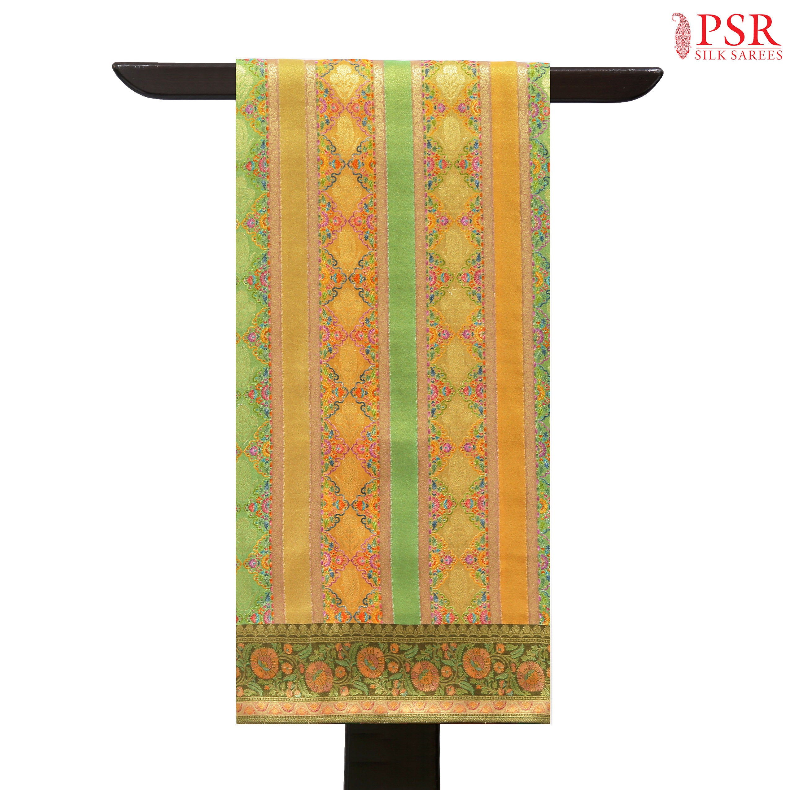 psr silks kadi silk designer colorful zari work strips pear green and olive mustard