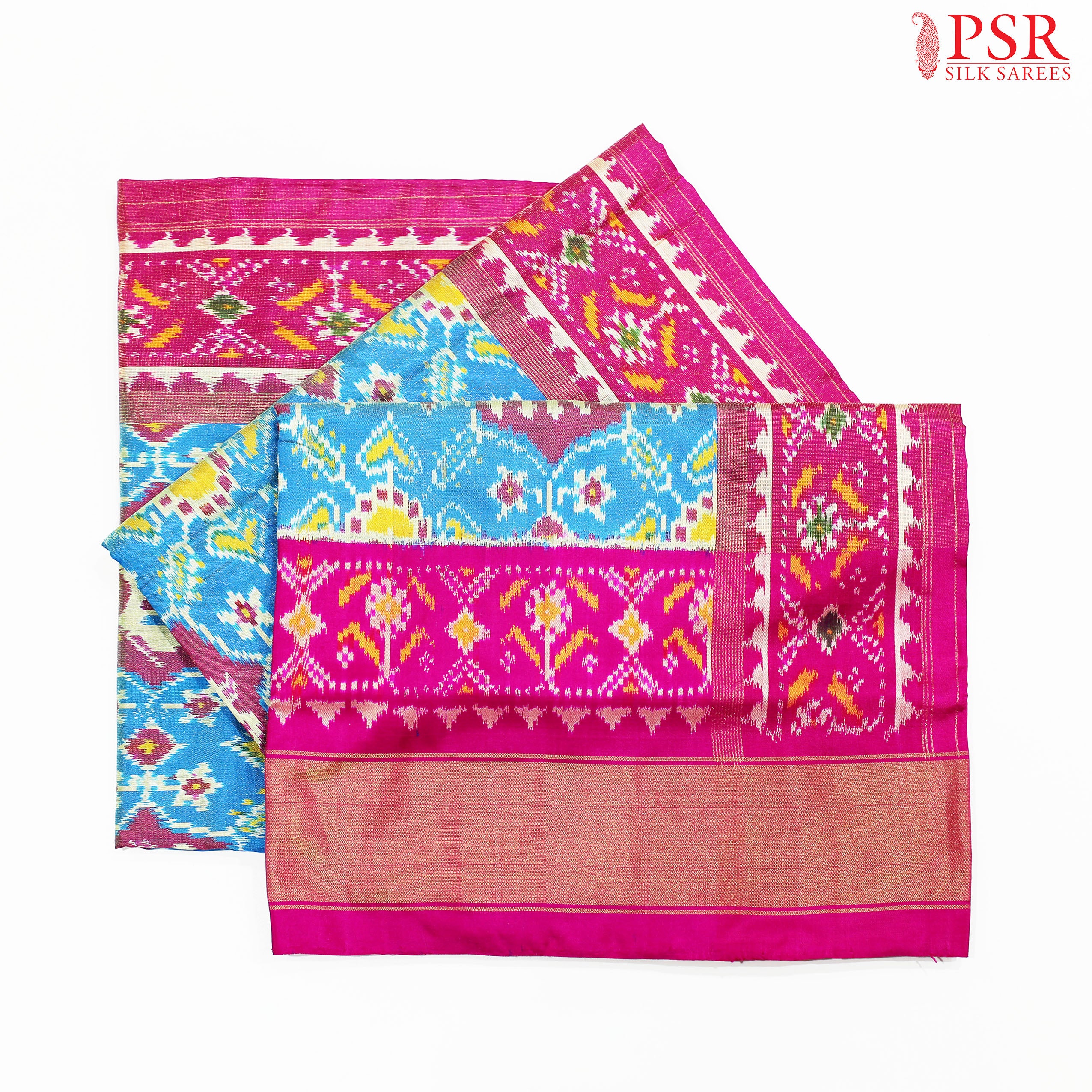 PSR Silks Presents Cerulean Blue Colored Authentic Pochampally Silk Saree With Combination Of Fuchsia Pink Color.
