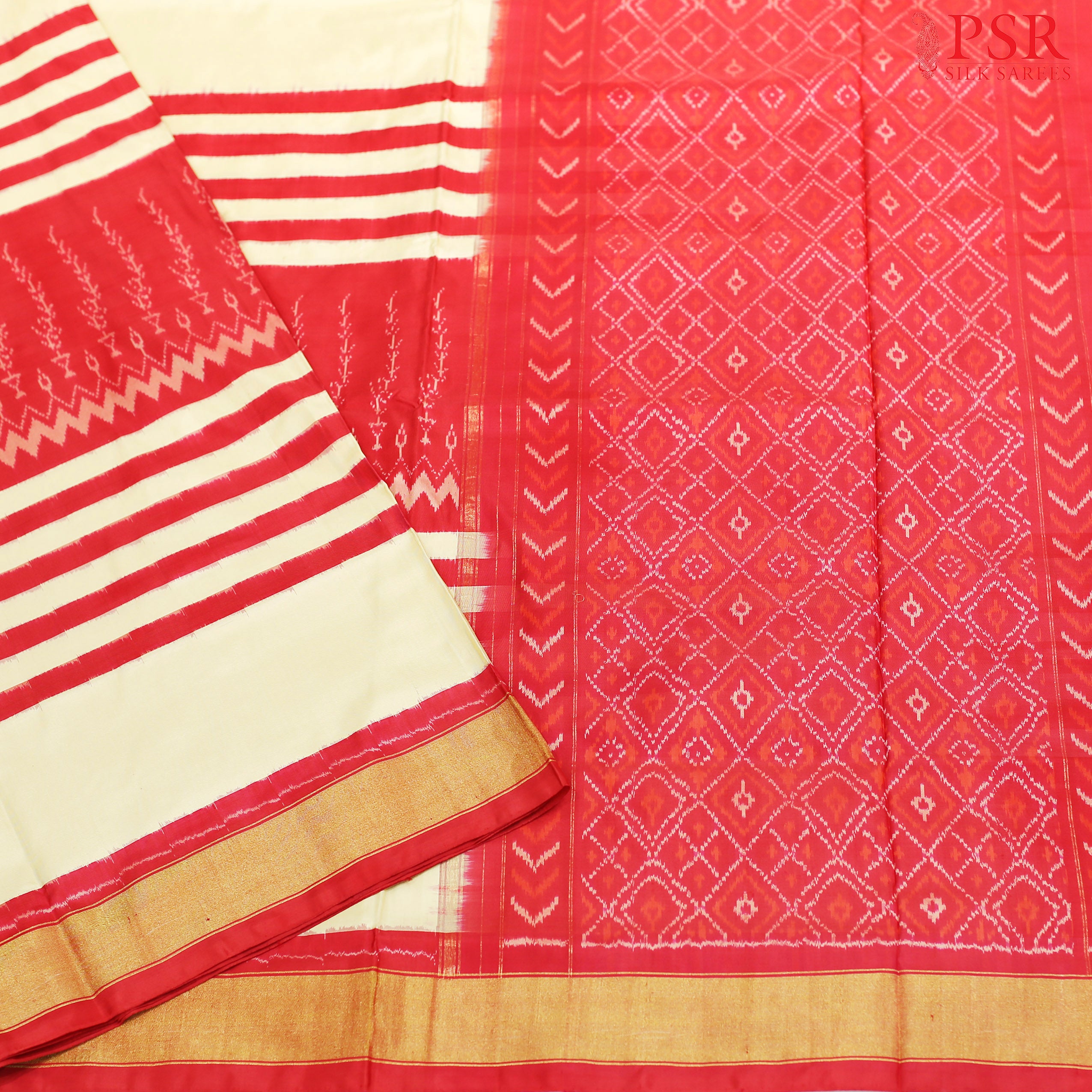 PSR Silks Presents Light Tan Colored Pochampally Silk Saree With Combination Of Crimson Color.
